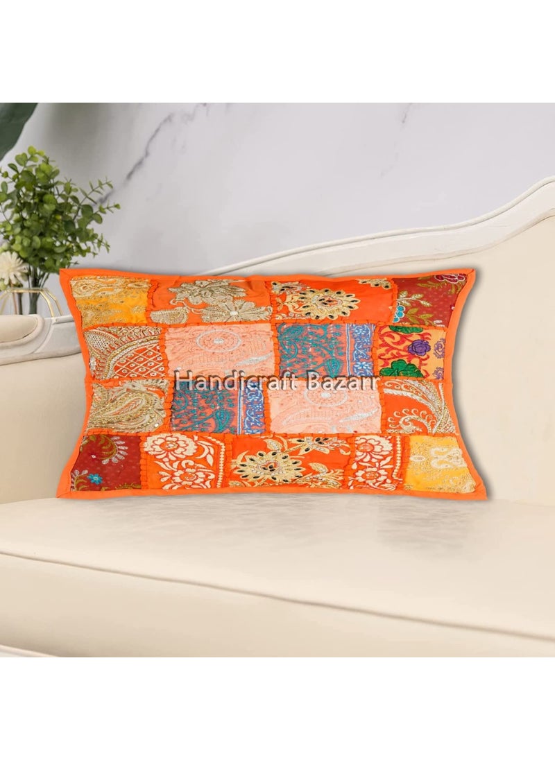 Handicraft Bazarr Rectangular Pillow Covers Throw Cushions Festive Home Decor Throw Pillow Cover Cotton Floral Embroidered Furniture Sofa Cushion Case Set of 2 Orange