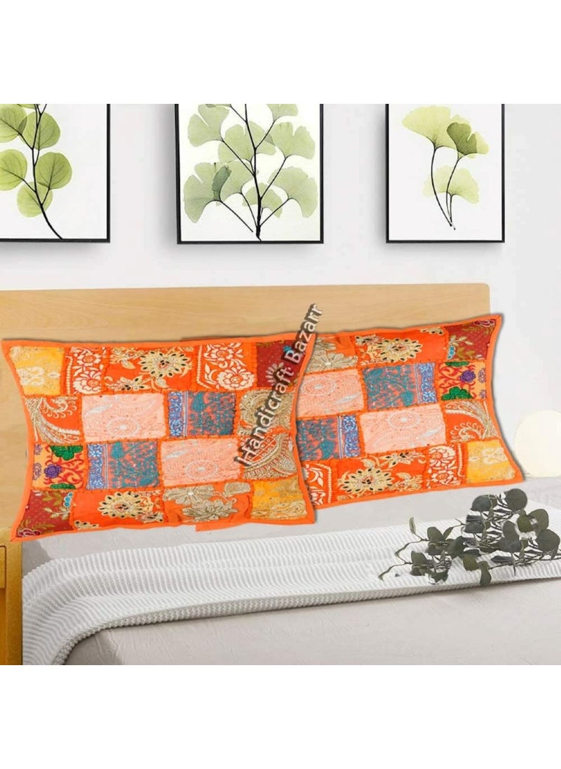 Handicraft Bazarr Rectangular Pillow Covers Throw Cushions Festive Home Decor Throw Pillow Cover Cotton Floral Embroidered Furniture Sofa Cushion Case Set of 2 Orange