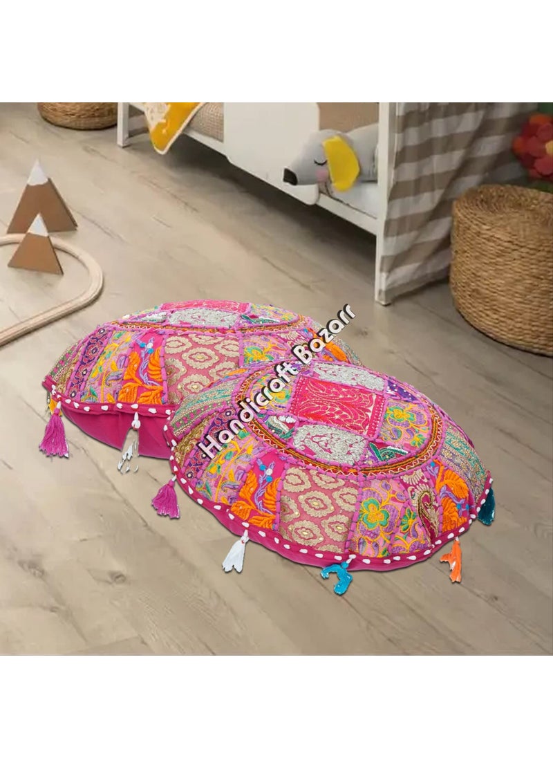 Handicraft Bazarr Cushion Cover Set of 2 Pcs Cotton Round Cushion Patchwork Throw Decorative Cushion Authenthic Handmade Pillow Sham 18 Inch