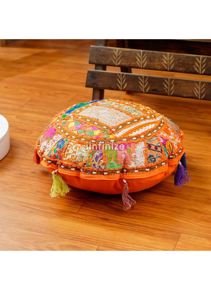 iinfinize Throw Standard Cushion Case Decorative Pillows Garden Outdoor Cushion Set Boho Hippie Pillow Patchwork Floral Design Cotton Pillow 18 Inch Round Floor Cushion Orange Color