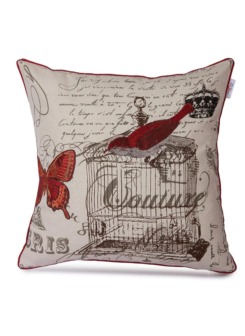 Nomaadi Embroidered Easter Red Bird with Cage Decorative Cushion Cover 18x18 inches Throw Pillowcase Home Decor for Kids Bedroom Sofa Chair Holi