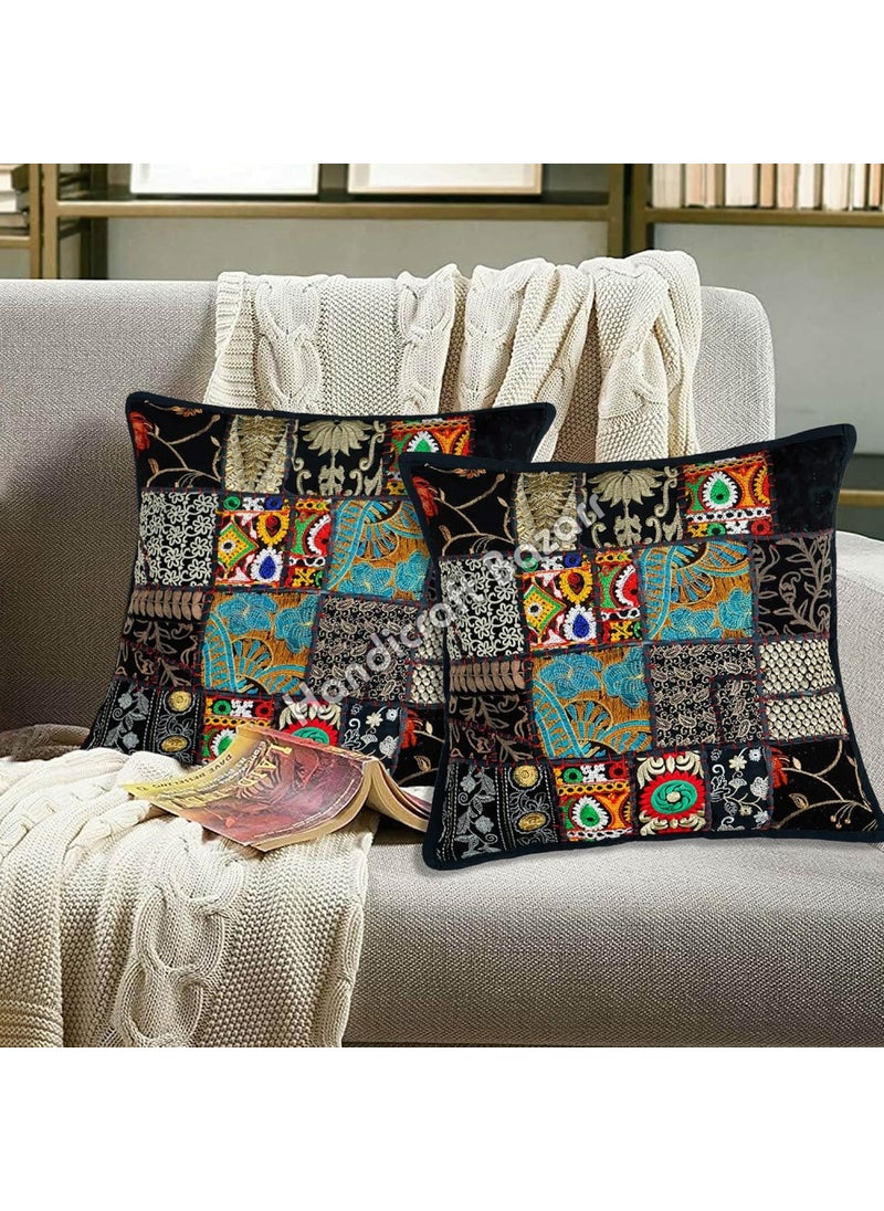 Handicraft Bazarr Handmade Square Pillow Cover Traditional Embroidery Living Room Sofa Decor Cushion Case Cotton Gorgeous Floral Pattern Pillow Case Set of 2 16x16 Inch