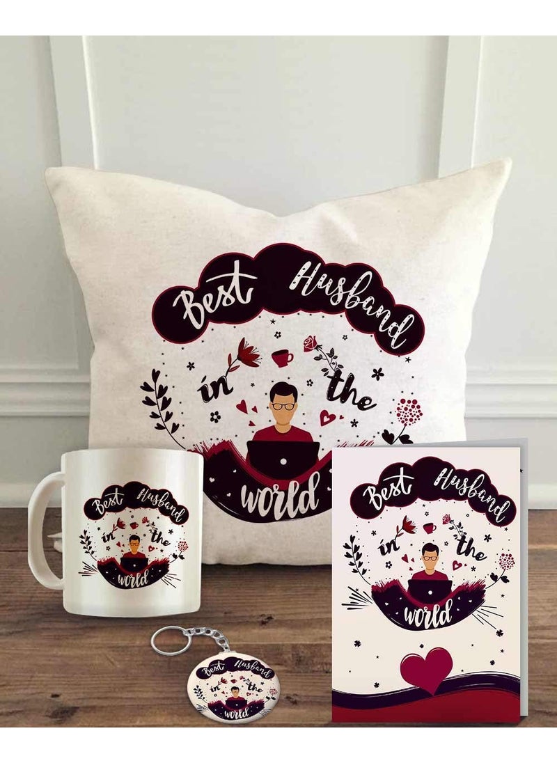 ALDIVO Combo Pack 12 x 12 Satin Cushion Cover with Filler Printed Ceramic Mug Greeting Card Printed Key Ring Best Husband in The World