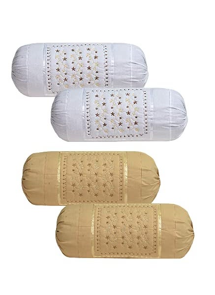 Shri Krishana Fabrics 100 Pure Cotton 300 TC Flower Design Embroidered Bolster CoversNot Bolster 32 X 16 Inches Pair of 2 Standard Size White Beige