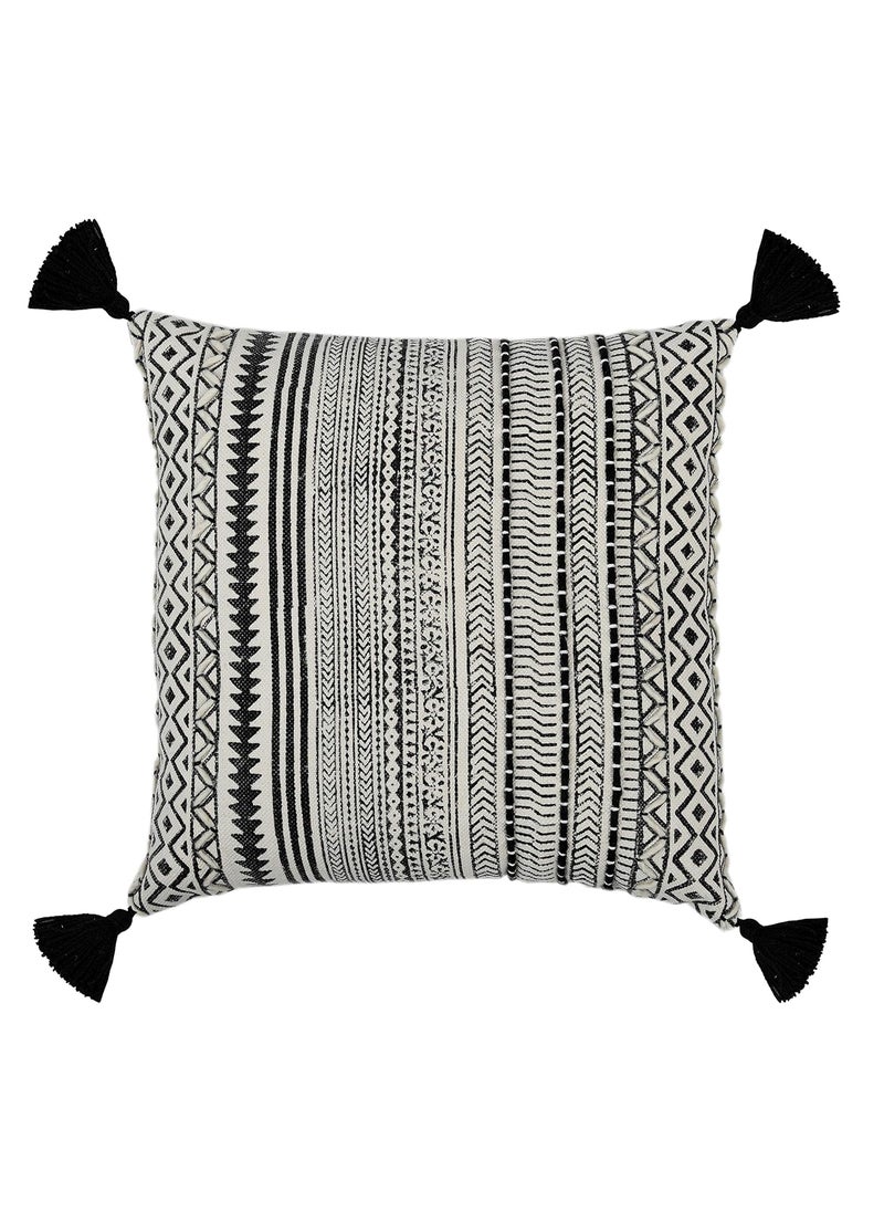 IMPEXART PVT LTD Cotton Handblock Print Soft Geometrical Pattern Square Embroidery Cushion Cover with Tassel 18X18 Inches