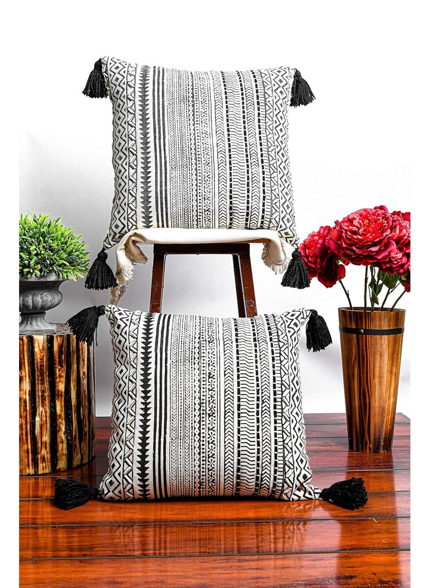 IMPEXART PVT LTD Cotton Handblock Print Soft Geometrical Pattern Square Embroidery Cushion Cover with Tassel 18X18 Inches