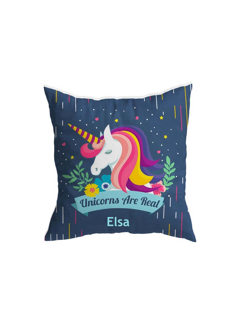 ARTBUG Elsa Name Unicorn Printed CushionPillow with Fiber Filler Happy Birthday Return Gifts for Girls Kids Daughter Friends Color Blue Size 12 x 12 inches Polysilk