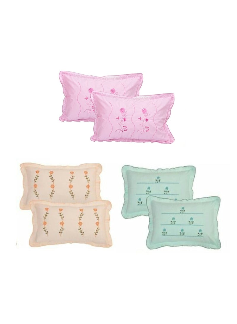 Shri Krishana Fabrics Set of 6 Multicolor Cotton Embroidered Pillow Covers with Attached Frill Zipper Closure 16x26 Inches Decorative Cushion Covers for Sofa Bed Living Room