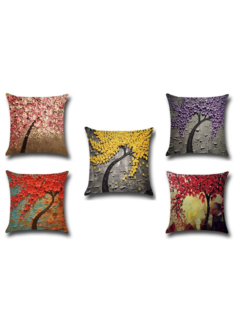 pepme Jute 50TC Tree Floral Print Throw Pillow Cushion Covers with Inside Foam Hidden Zipper and Superior Back Cover Set of 5 16 x 16 inches Multicolour