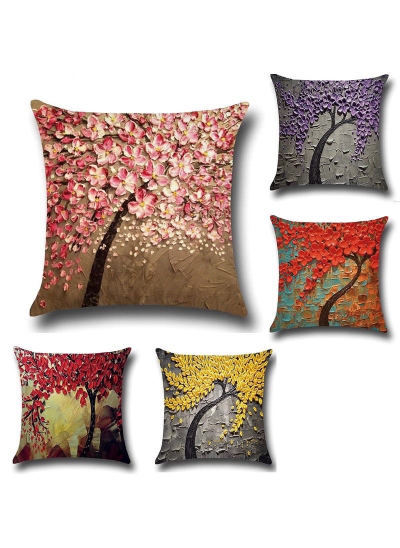 pepme Jute 50TC Tree Floral Print Throw Pillow Cushion Covers with Inside Foam Hidden Zipper and Superior Back Cover Set of 5 16 x 16 inches Multicolour