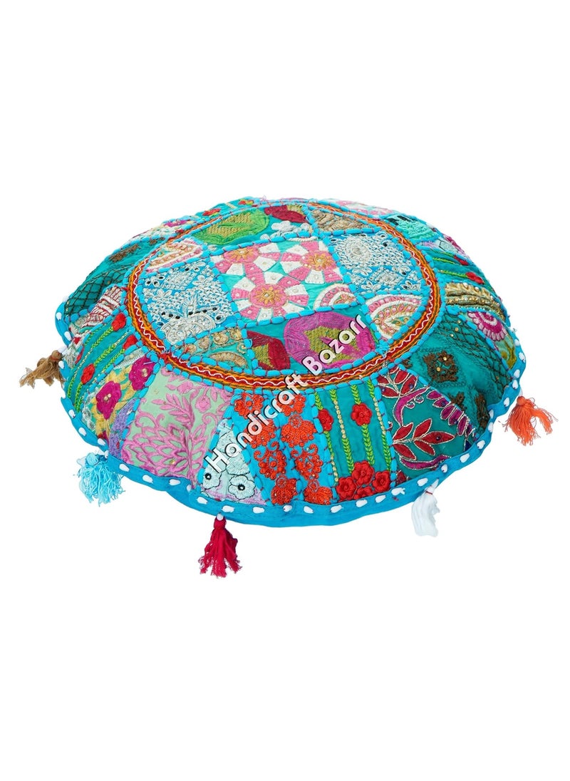 Handicraft Bazarr 22x22 Inch Round Cushion Case Ethnic Handmade Tassels Pillow Case Traditional Embroidery Home Decor Pillow Cover Patchwork Cushion Cover Set of 2