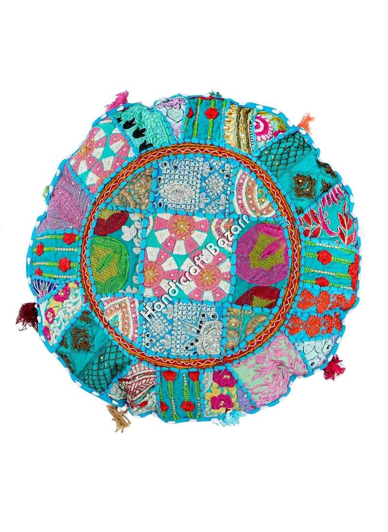 Handicraft Bazarr 22x22 Inch Round Cushion Case Ethnic Handmade Tassels Pillow Case Traditional Embroidery Home Decor Pillow Cover Patchwork Cushion Cover Set of 2
