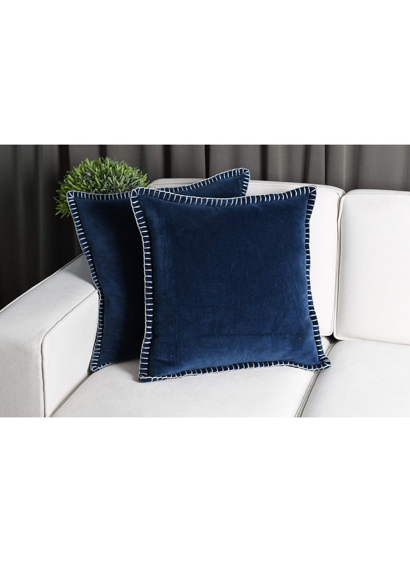IMPEXART PVT LTD 100 Export Quality Velvet Super Soft Decorative Blanket Stitch Corner TwinSides Design Soft Throw Pillow Cases for Couch Cushion Covers for Sofa 16 x 16 Blue Pack of 2