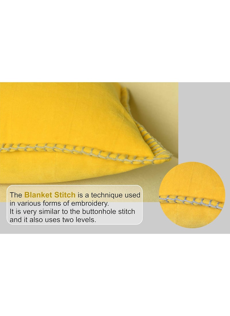 IMPEXART PVT LTD 100 Export Quality Velvet Super Soft Decorative Blanket Stitch Corner TwinSides Design Soft Throw Pillow Cases for Couch Cushion Covers for Sofa 16 x 16 Yellow Pack of 2