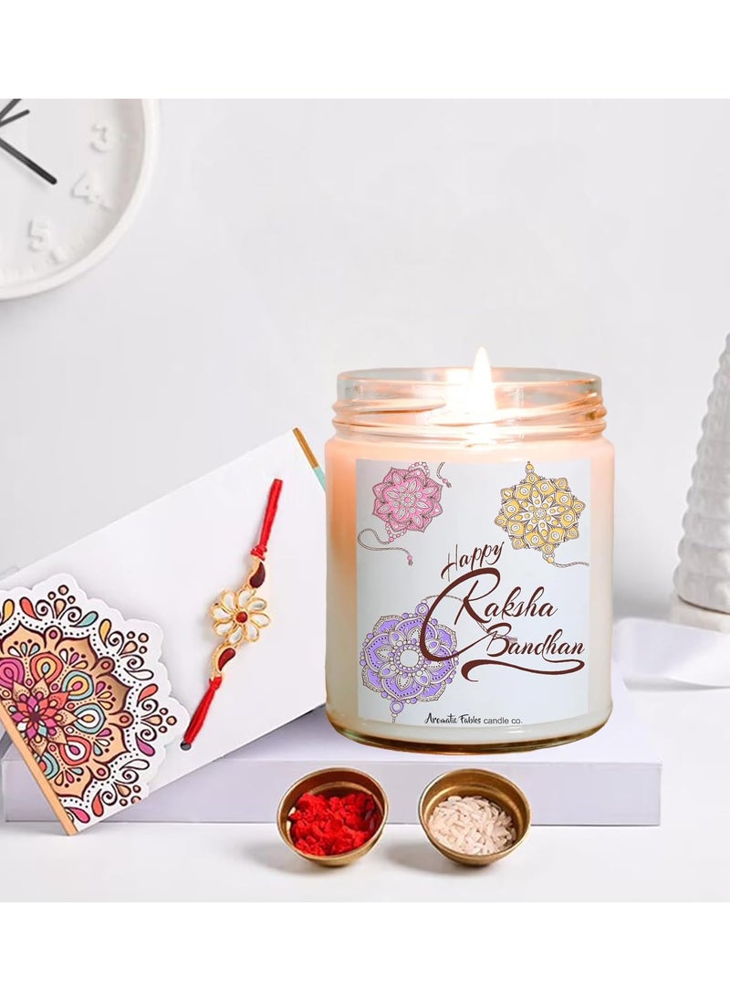 First Row Aromatic Fables Scented Candle with Raksha Bandhan Gift Pack Rakhi Roli Chawal Best Gift from Sister Rakhi Combo Rakhi Thread for Brothers Lavender