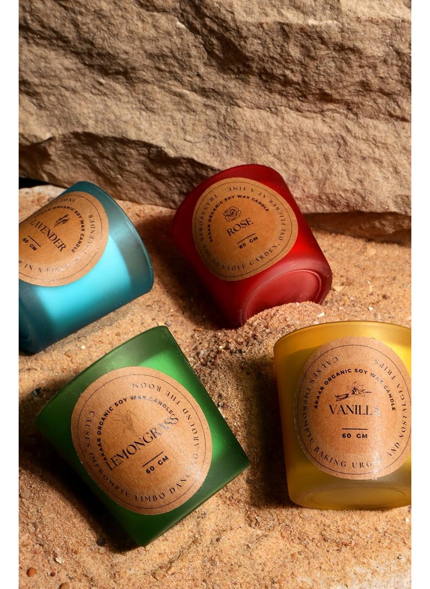 Akaar Organic Scented Candles Pure Soy Wax4X60gms EachScented Aromatic Fragrance of VanillaLemongrassLavender Roseup to 15HrsBest GiftCandle Home Decoration