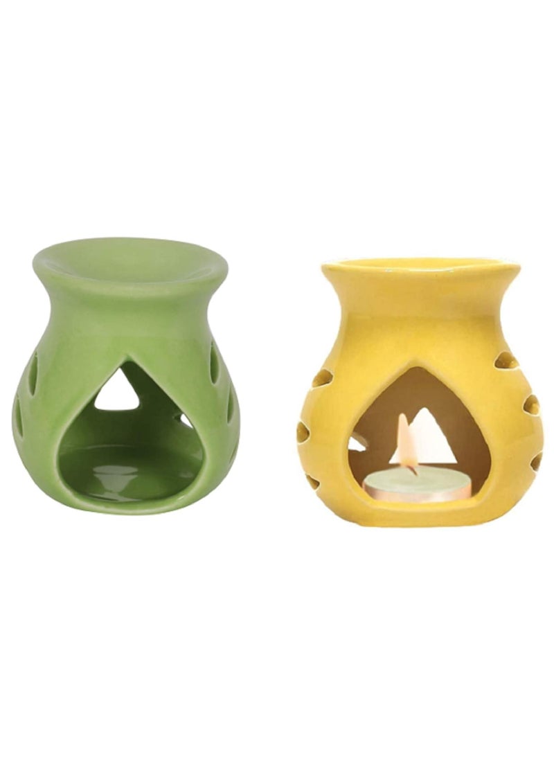 Mkd2 Rise Ceramic Clay Candle Aroma Burner Oil DiffuserGreen Yellow Set of 2 for Home Fragrance