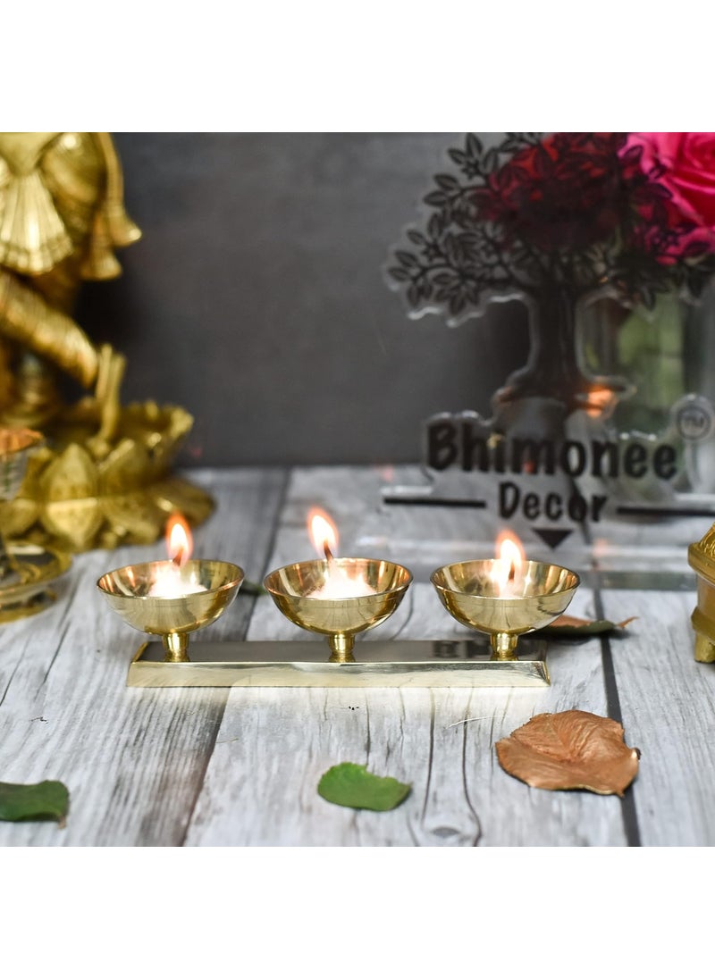 Bhimonee Decor Pure Brass 3 LineSal Diya 175 inches Brass Colour Pack of 1 Pc