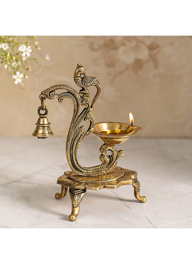 DecorTwist Brass Diya for Puja 8 Inch 700 Grams Pack of 1 Pure Brass Ethnic Carved Peacock Design Diya with Bell in Gold Antique Finish Oil Lamp Diya for Diwali Home Temple Diwali Decoration Item
