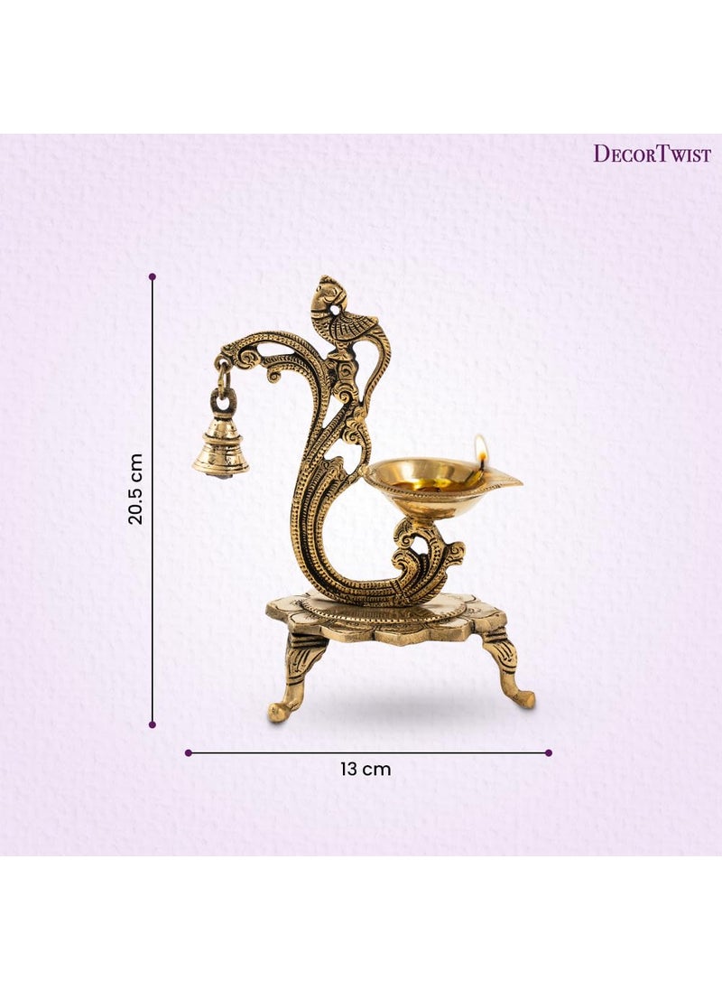DecorTwist Brass Diya for Puja 8 Inch 700 Grams Pack of 1 Pure Brass Ethnic Carved Peacock Design Diya with Bell in Gold Antique Finish Oil Lamp Diya for Diwali Home Temple Diwali Decoration Item