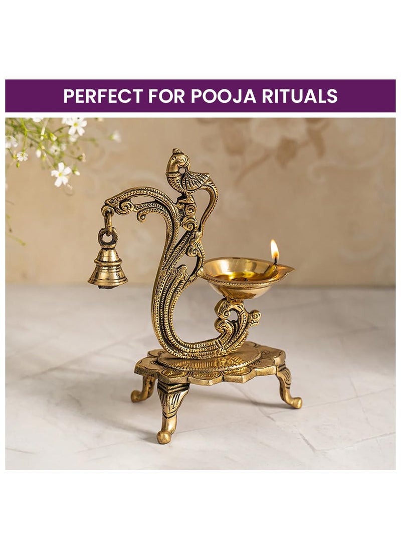 DecorTwist Brass Diya for Puja 8 Inch 700 Grams Pack of 1 Pure Brass Ethnic Carved Peacock Design Diya with Bell in Gold Antique Finish Oil Lamp Diya for Diwali Home Temple Diwali Decoration Item