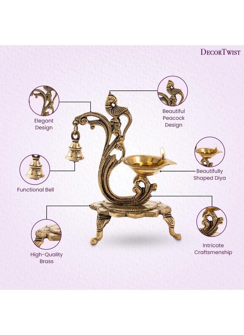 DecorTwist Brass Diya for Puja 8 Inch 700 Grams Pack of 1 Pure Brass Ethnic Carved Peacock Design Diya with Bell in Gold Antique Finish Oil Lamp Diya for Diwali Home Temple Diwali Decoration Item