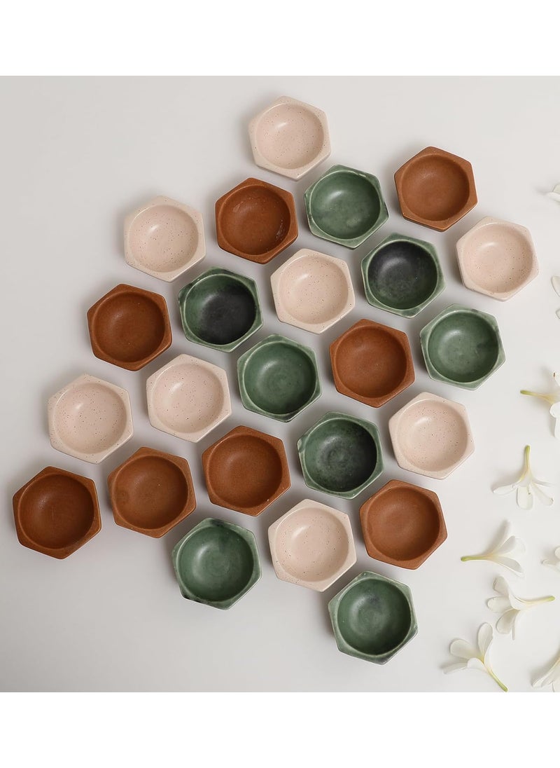 Miah Decor Traditional Ceramic Diya Set Pack of 24 for Diwali Decoration Puja Handcrafted Hexagonal Shape Oil Lamps Reusable Dishwasher Safe EcoFriendly Diyas for Diwali Puja Home Deco Gift