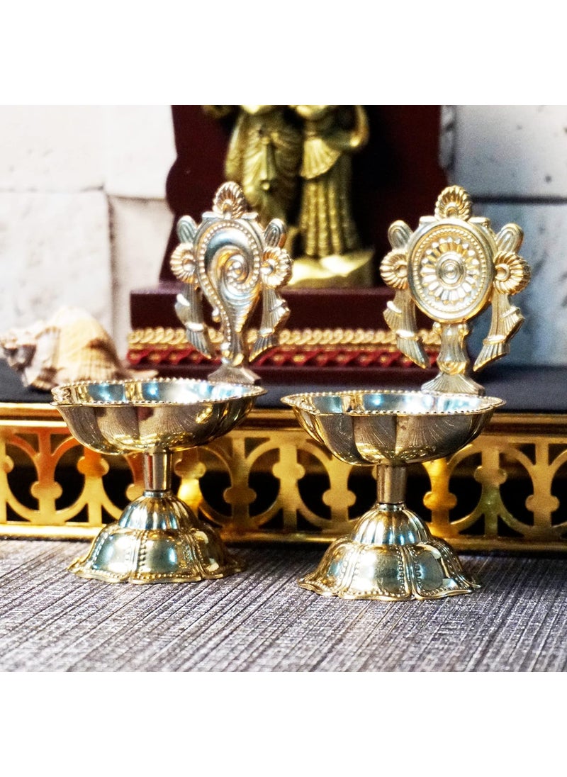 Bhimonee Decor Pure Brass Shanku Chakra Table Diya 315 inches Brass Colour Pack of 1 Pair