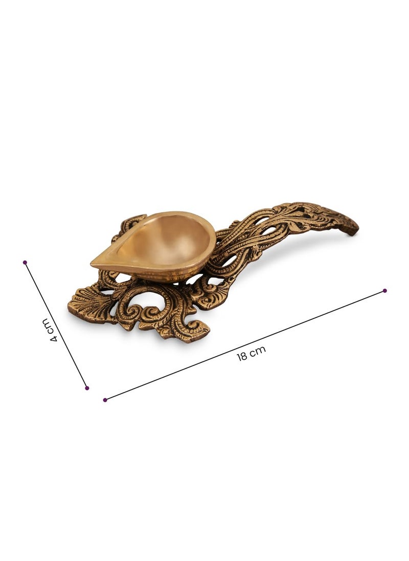 DecorTwist Brass Diya for Puja 7x43x15 370 Grams Pack of 1 Pure Brass Aarti Diya with Handle in Gold Antique Finish Oil Lamp Diya for Diwali Home Temple Diwali Decoration Item