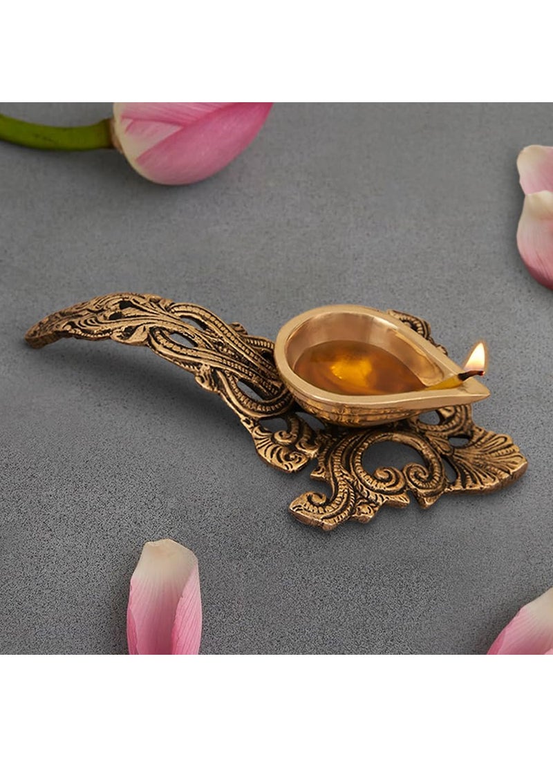 DecorTwist Brass Diya for Puja 7x43x15 370 Grams Pack of 1 Pure Brass Aarti Diya with Handle in Gold Antique Finish Oil Lamp Diya for Diwali Home Temple Diwali Decoration Item