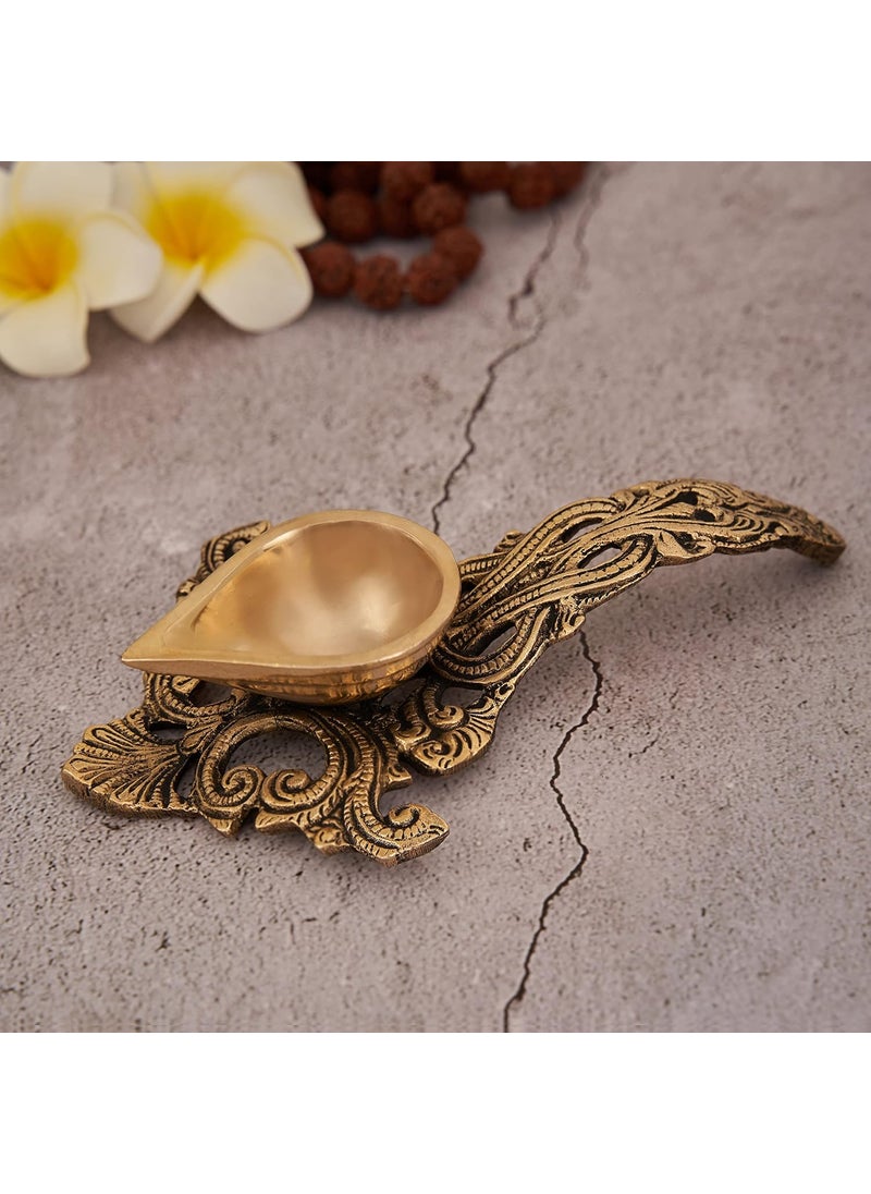 DecorTwist Brass Diya for Puja 7x43x15 370 Grams Pack of 1 Pure Brass Aarti Diya with Handle in Gold Antique Finish Oil Lamp Diya for Diwali Home Temple Diwali Decoration Item