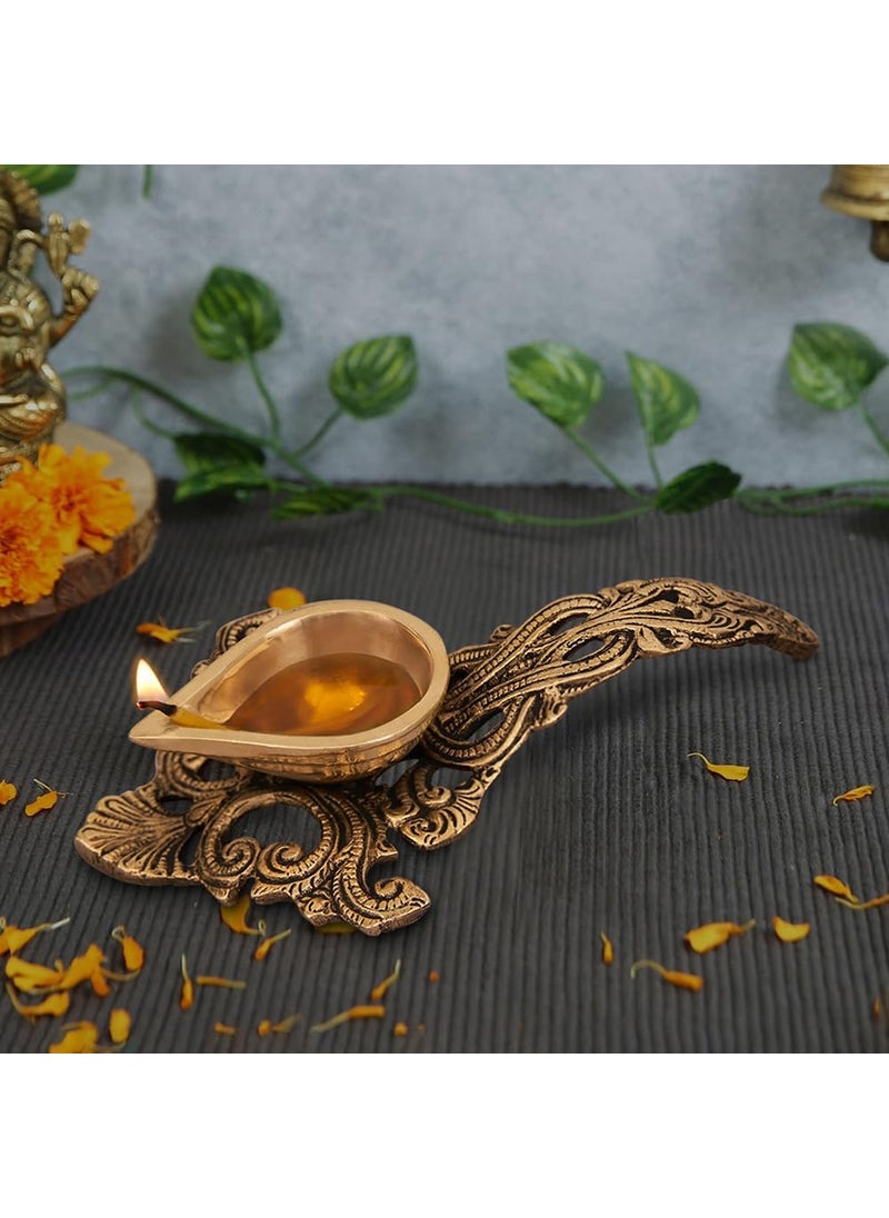 DecorTwist Brass Diya for Puja 7x43x15 370 Grams Pack of 1 Pure Brass Aarti Diya with Handle in Gold Antique Finish Oil Lamp Diya for Diwali Home Temple Diwali Decoration Item
