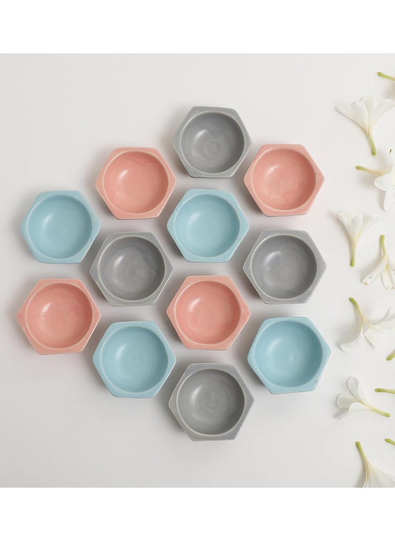 Miah Decor Traditional Ceramic Diya Set Pack of 12 for Diwali Decoration Puja Handcrafted Hexagonal Shape Oil Lamps Reusable Dishwasher Safe EcoFriendly Diyas for Diwali Puja Home Deco Gift