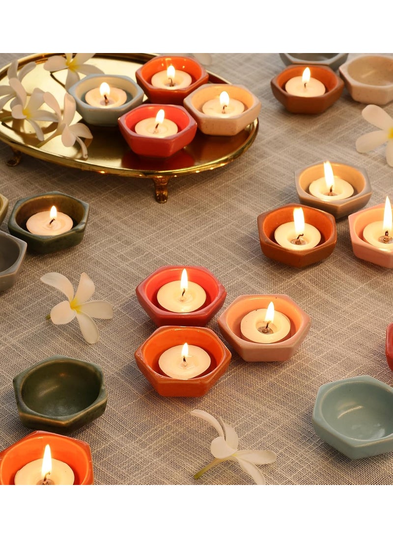 Miah Decor Traditional Ceramic Diya Set Pack of 12 for Diwali Decoration Puja Handcrafted Hexagonal Shape Oil Lamps Reusable Dishwasher Safe EcoFriendly Diyas for Diwali Puja Home Deco Gift