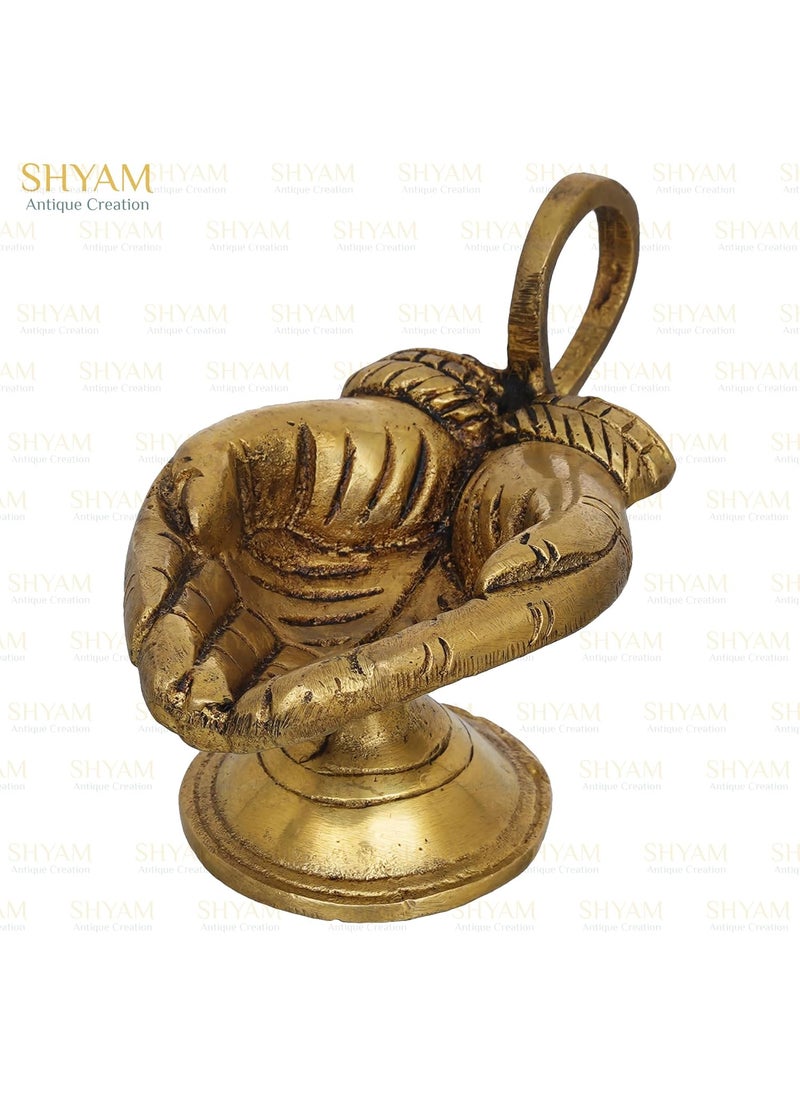 Shyam Antique Creation Brass Hand Shaped Diya with Handle for Puja Aarti Decorative Oil Lamp Deepak for Pooja Room Oil Deepam for Diwali and Home Office Puja