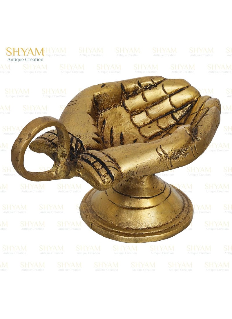 Shyam Antique Creation Brass Hand Shaped Diya with Handle for Puja Aarti Decorative Oil Lamp Deepak for Pooja Room Oil Deepam for Diwali and Home Office Puja