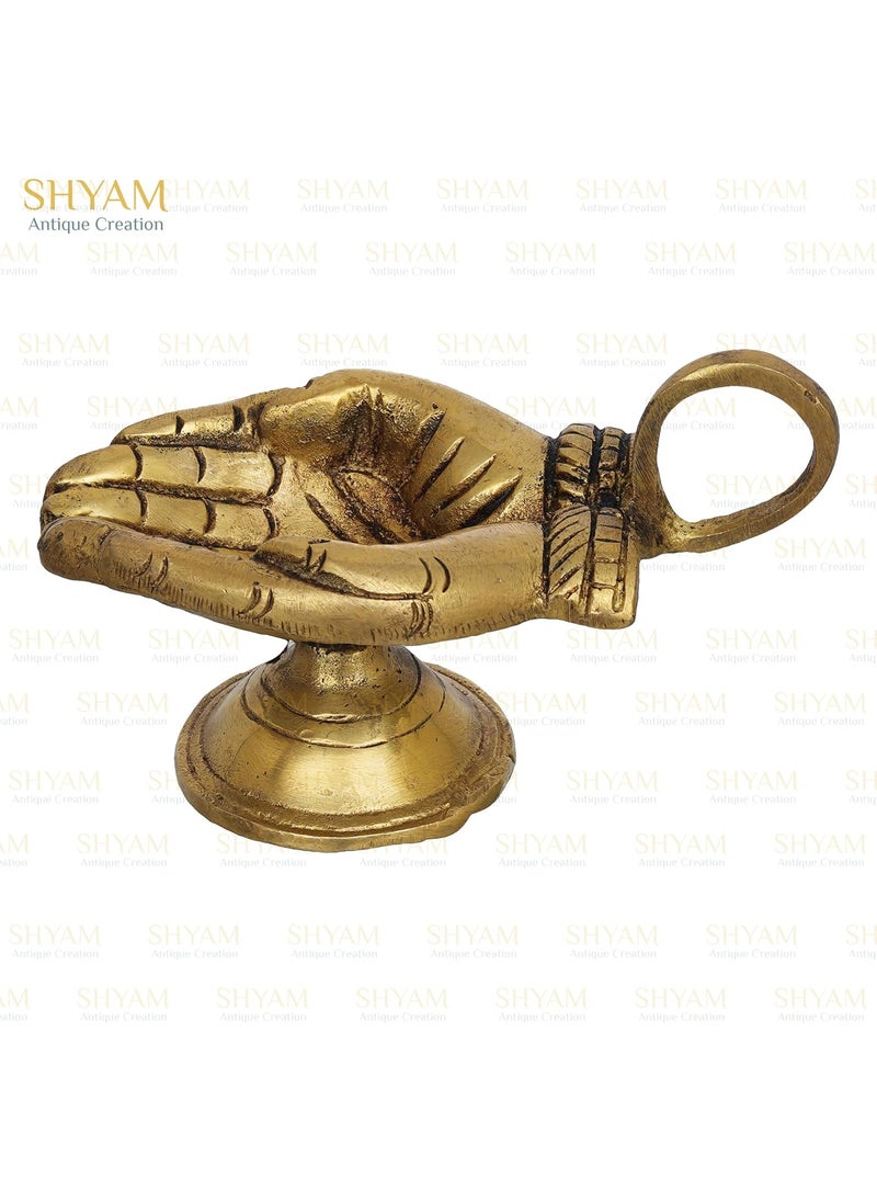 Shyam Antique Creation Brass Hand Shaped Diya with Handle for Puja Aarti Decorative Oil Lamp Deepak for Pooja Room Oil Deepam for Diwali and Home Office Puja