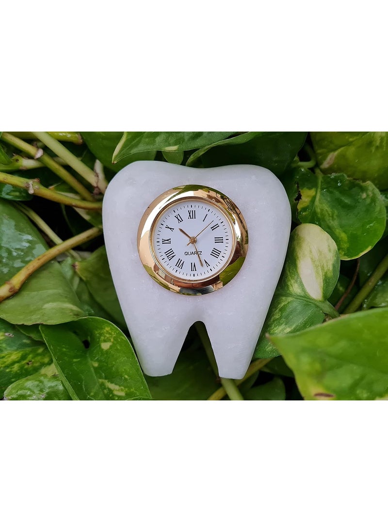 SAUDEEP INDIA Tooth Shape Dentist Desk Marble Table Clock for Decor and Paper Weight Ideal Gift for Dentists and Doctors Dentist Clock