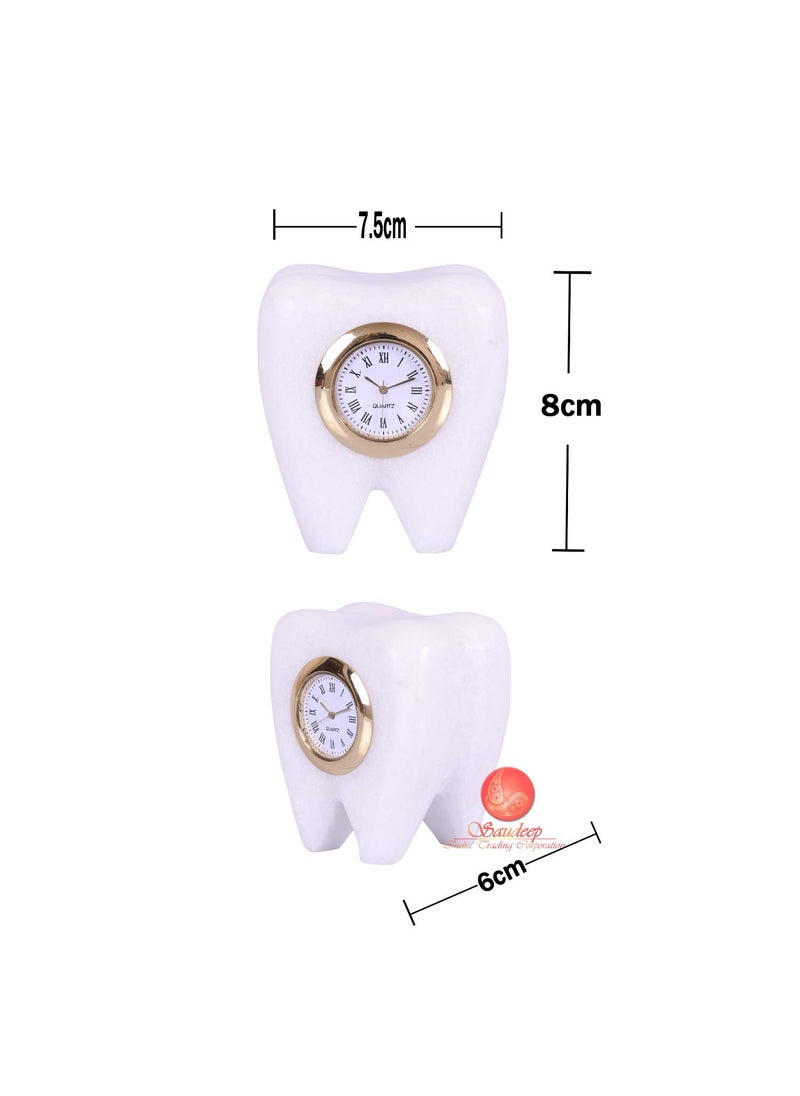 SAUDEEP INDIA Tooth Shape Dentist Desk Marble Table Clock for Decor and Paper Weight Ideal Gift for Dentists and Doctors Dentist Clock