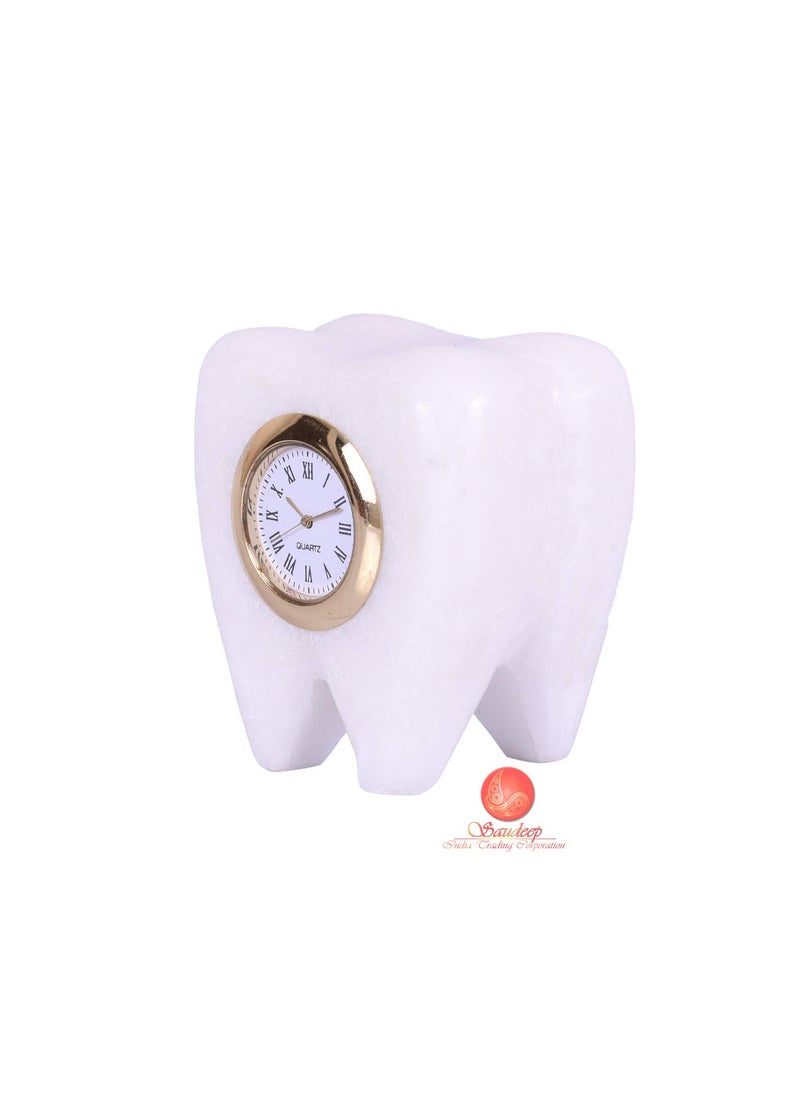 SAUDEEP INDIA Tooth Shape Dentist Desk Marble Table Clock for Decor and Paper Weight Ideal Gift for Dentists and Doctors Dentist Clock