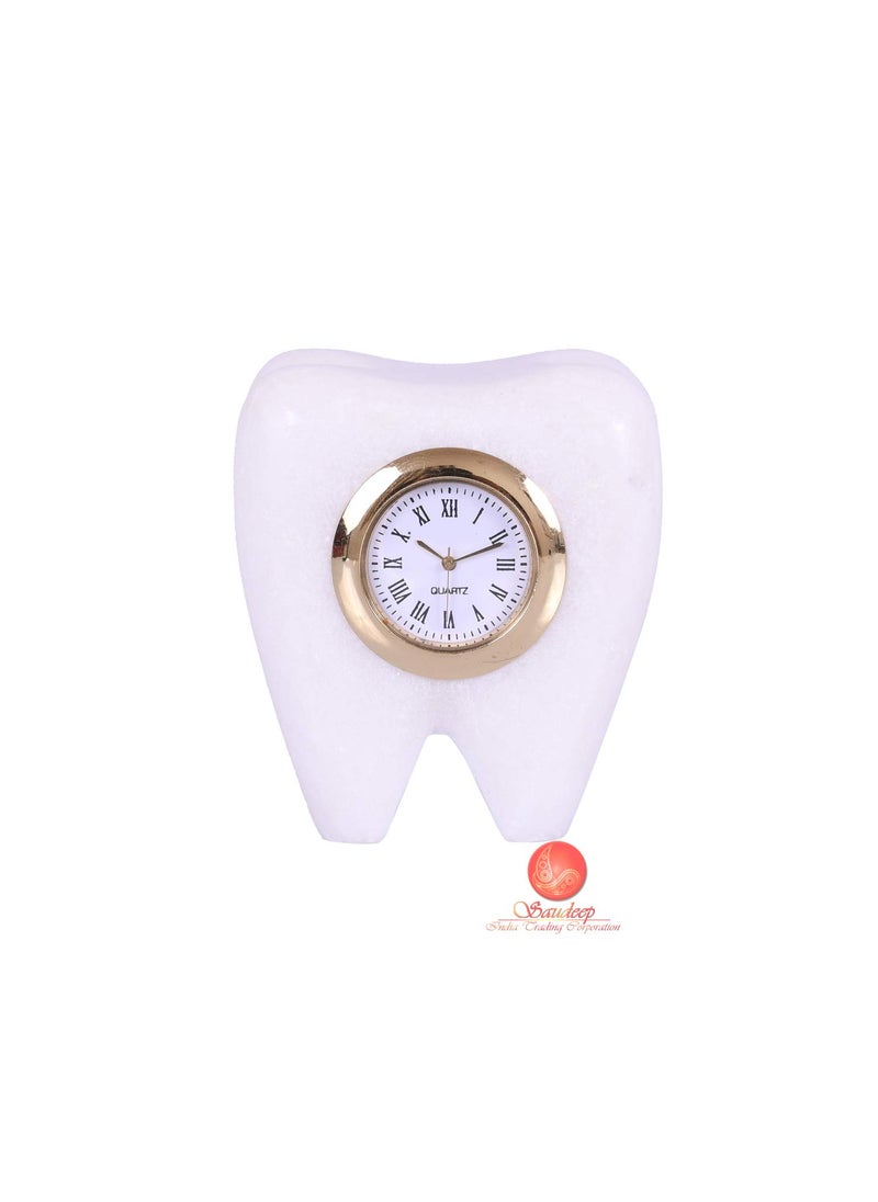SAUDEEP INDIA Tooth Shape Dentist Desk Marble Table Clock for Decor and Paper Weight Ideal Gift for Dentists and Doctors Dentist Clock