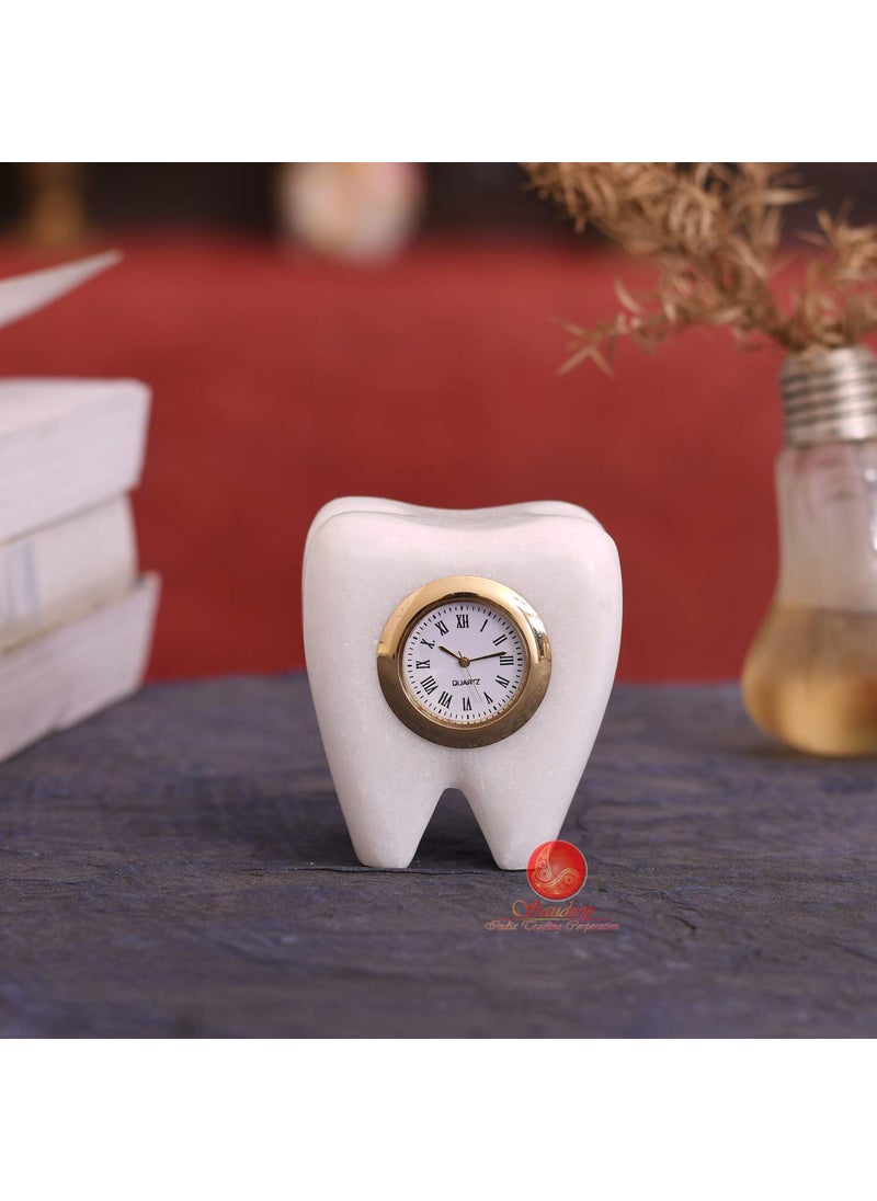 SAUDEEP INDIA Tooth Shape Dentist Desk Marble Table Clock for Decor and Paper Weight Ideal Gift for Dentists and Doctors Dentist Clock