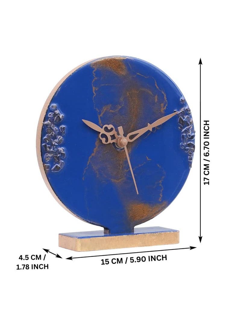 CHRONIKLE Elegant EpoxyResin Round Handmade with Golden Color Shade and Stone Art Home Office Decor Blue Analog Table Clock Without Glass for Gift Size 15x45x17 CM Weight 237 Gram