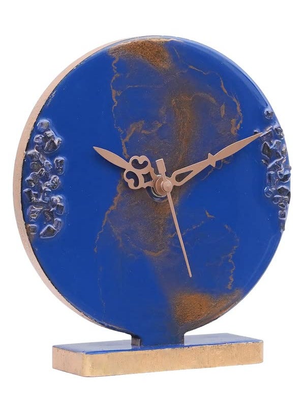 CHRONIKLE Elegant EpoxyResin Round Handmade with Golden Color Shade and Stone Art Home Office Decor Blue Analog Table Clock Without Glass for Gift Size 15x45x17 CM Weight 237 Gram