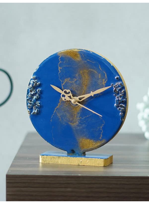 CHRONIKLE Elegant EpoxyResin Round Handmade with Golden Color Shade and Stone Art Home Office Decor Blue Analog Table Clock Without Glass for Gift Size 15x45x17 CM Weight 237 Gram