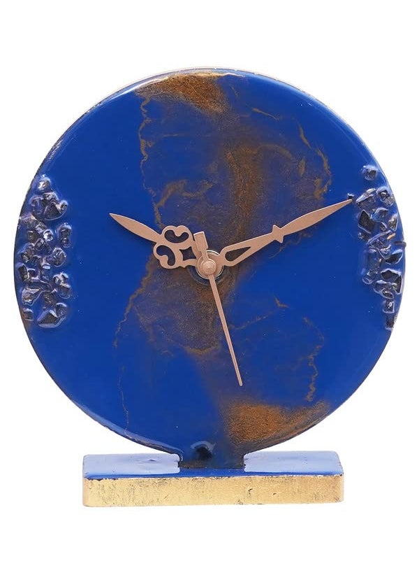CHRONIKLE Elegant EpoxyResin Round Handmade with Golden Color Shade and Stone Art Home Office Decor Blue Analog Table Clock Without Glass for Gift Size 15x45x17 CM Weight 237 Gram