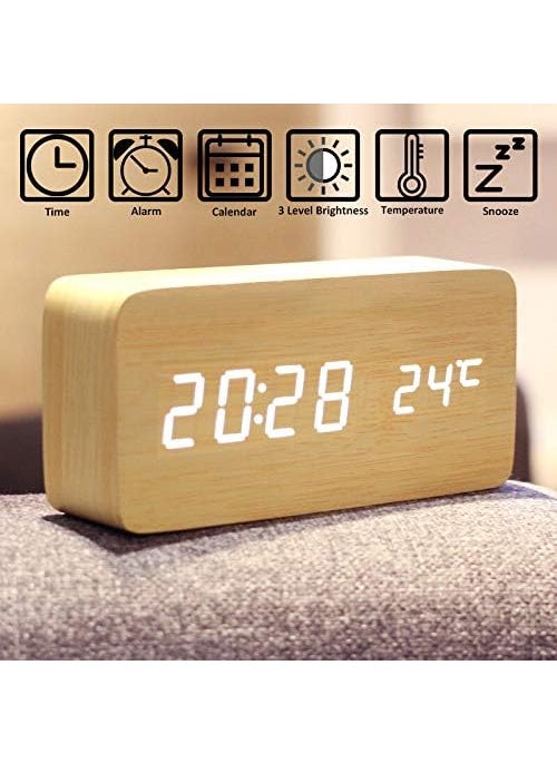 Shrux LED Time Display Wooden Digital Desk Clock with 3 Level Warm BrightnessWood Digital Alarm Clock Temperature HumidityTable Clock for BedroomOfficeKidsRoomSmart Calendar Alarm Clock