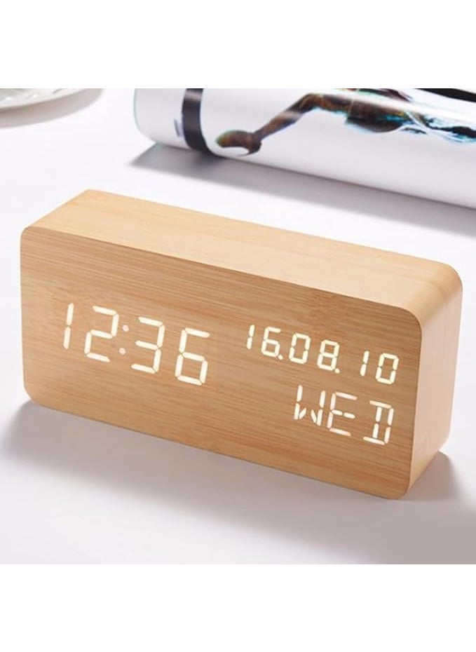 Shrux LED Time Display Wooden Digital Desk Clock with 3 Level Warm BrightnessWood Digital Alarm Clock Temperature HumidityTable Clock for BedroomOfficeKidsRoomSmart Calendar Alarm Clock