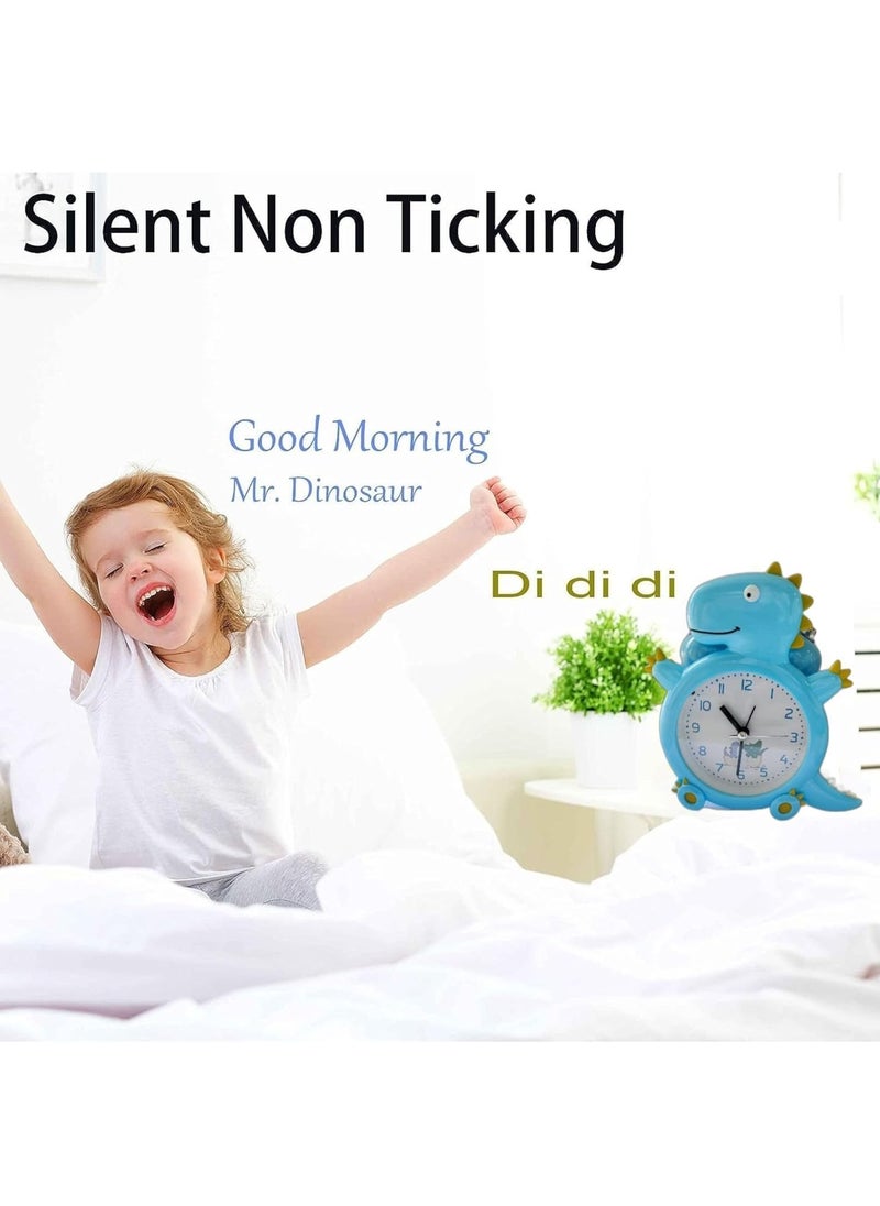ARTLABEL Dino Shape Analog Battery Operated Alarm Clock with Loud Bell Alarm Clock Night Light for Kids Students Study Room Home Office Decor Gift Blue