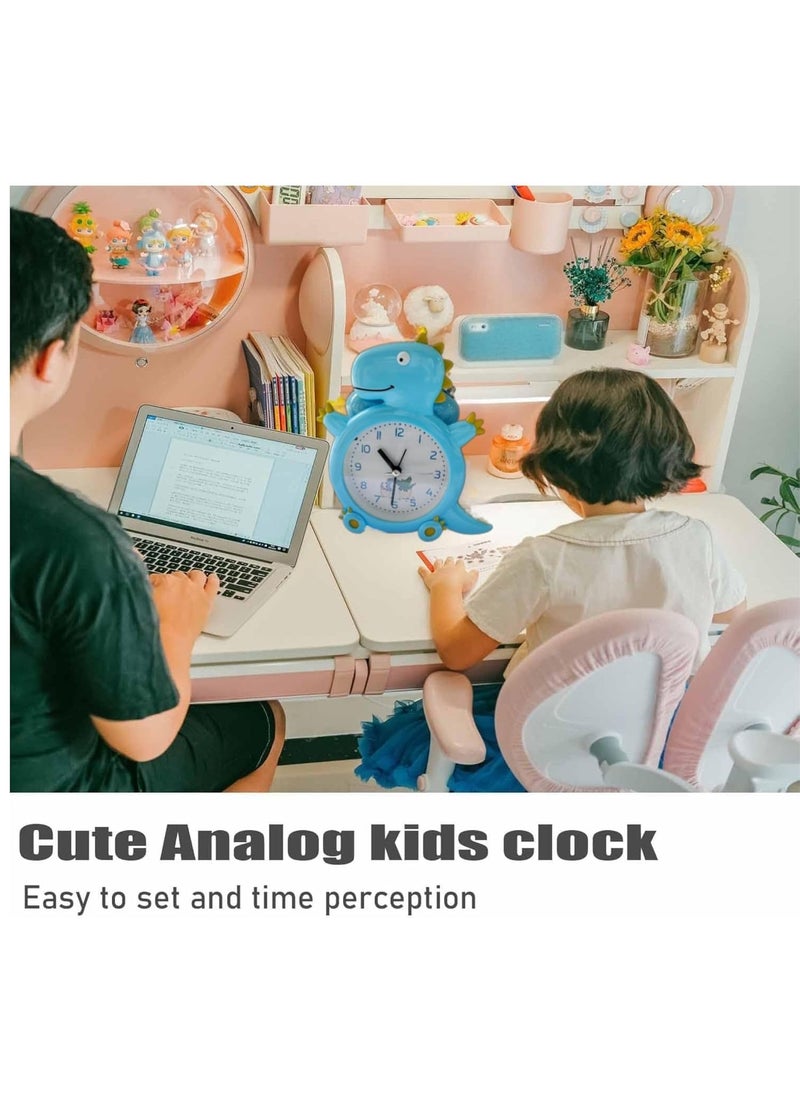 ARTLABEL Dino Shape Analog Battery Operated Alarm Clock with Loud Bell Alarm Clock Night Light for Kids Students Study Room Home Office Decor Gift Blue